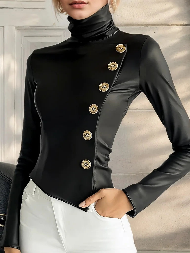 Women High Neck PU Leather Long Sleeve Blouse Cinched Hem Solid Slant Buttons Leather T Shirt High Street Streetwear