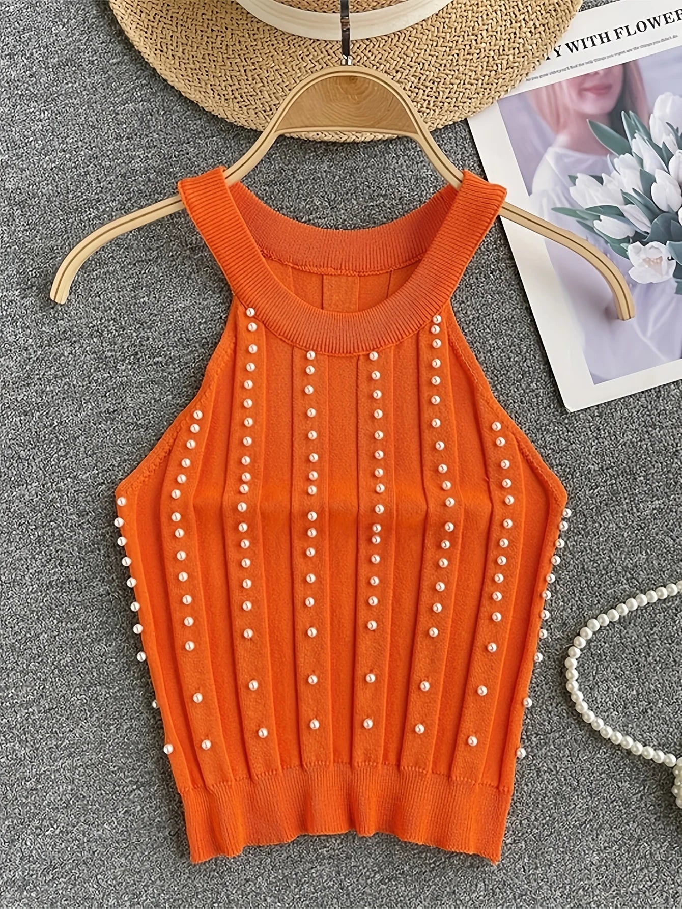 2024 Solid Color Crew Neck Tank Top Vacation Beaded Decor Sleeveless Tank Top For Summer Women's Clothing Crop Top